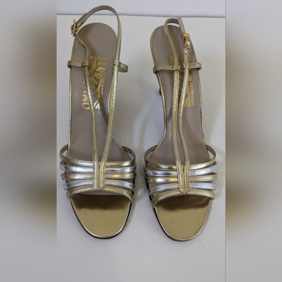 Salvatore Ferragamo Tiffany Slingback Strappy Gold Leather Sandals 8 Vintage - Picture 4 of 14